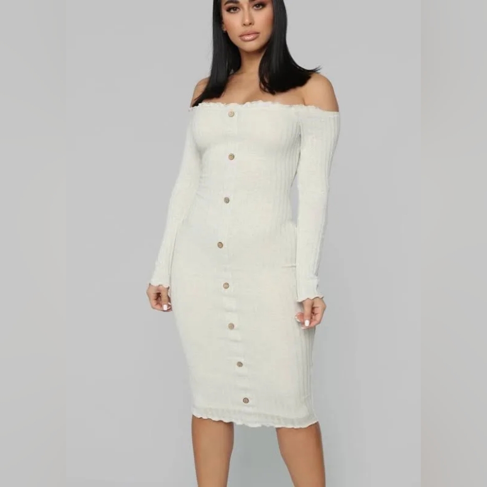 Fashion Nova Cream Off-Shoulder Bodycon Dress